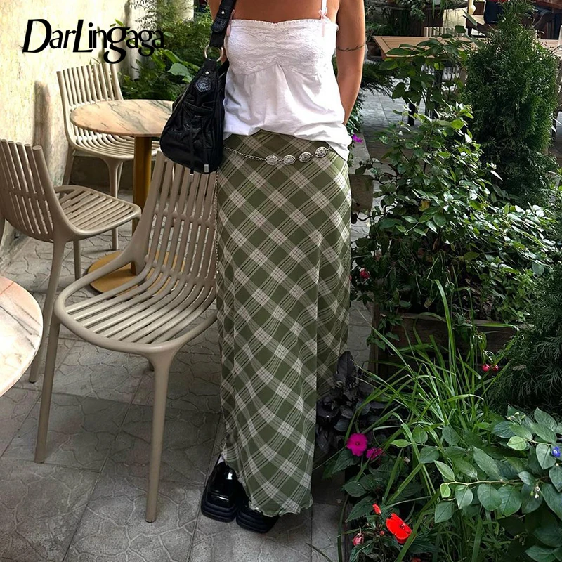 

Darlingaga Y2K Green Frill Low Waist Long Plaid Skirt Female Harajuku 2000s Aesthetic Mesh Skirt Two Layer Chic Fairycore Bottom