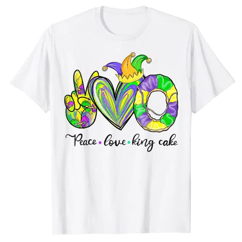 

Peace Love King Cake Mardi Gras Outfits Men Women Kids T-Shirt Cute Graphic Tee Short Sleeve Blouses Y2k Top Aesthetic Clothes