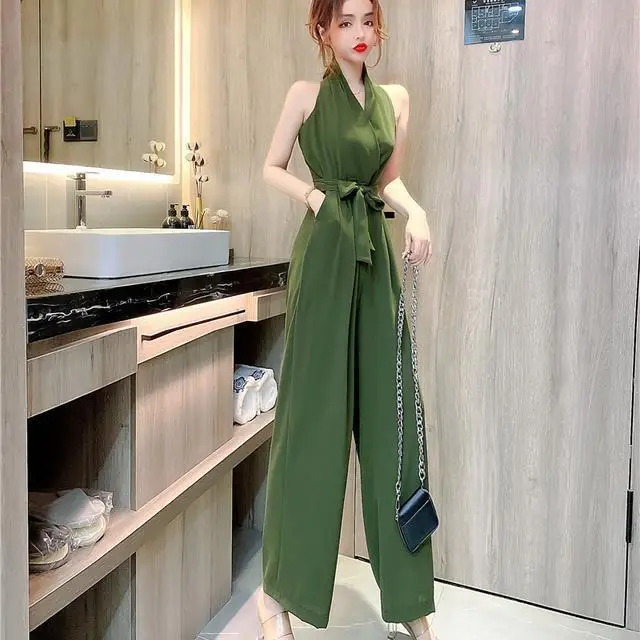 Summer Ladies Sleeveless Loose Long Jumpsuits Fashion 2023 Solid Color Wide Leg Playsuit Elegant Women Commute Jumpsuits X06