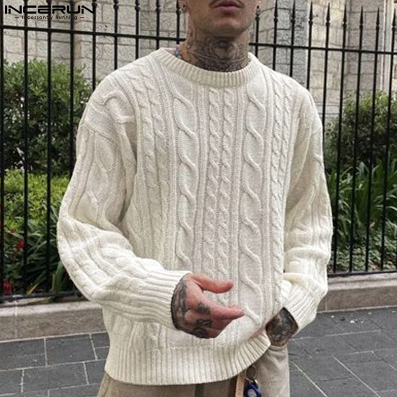 Осенние Топы INCERUN мужской пуловер с круглым вырезом и текстурой жареного теста