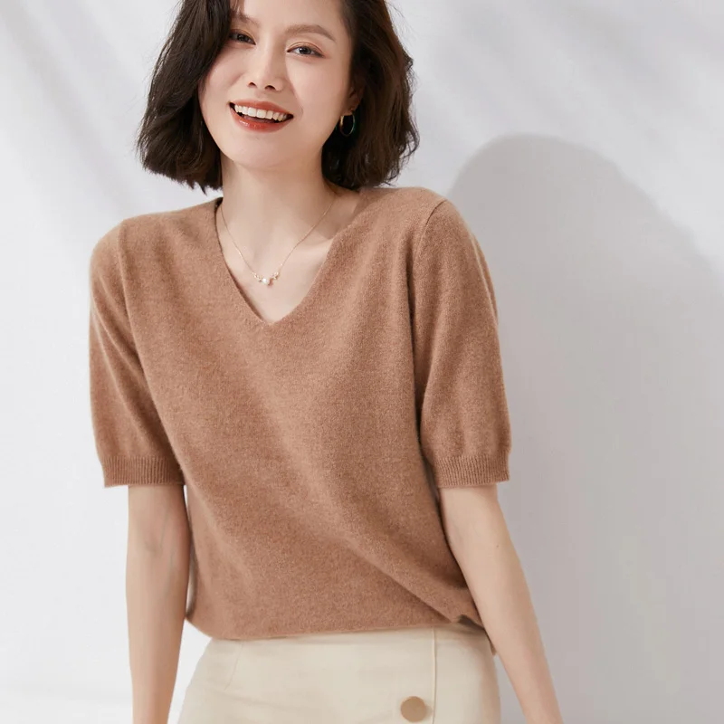 

Женский свитер с круглым вырезом и коротким рукавом, однотонный вязаный свитер с рукавом до локтя, новый тонкий пуловер на весну и лето