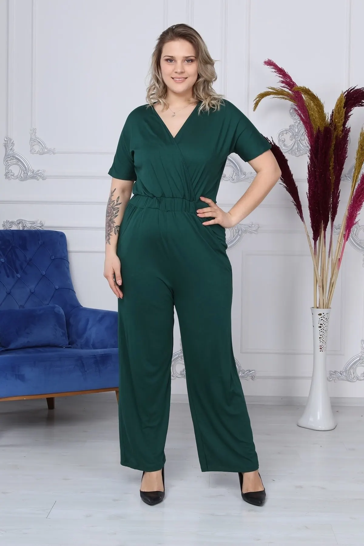 

Женский комбинезон, зеленый двойной воротник до груди, комбинезон с карманами, Модный повседневный комбинезон без рукавов, комбинезон с меш...