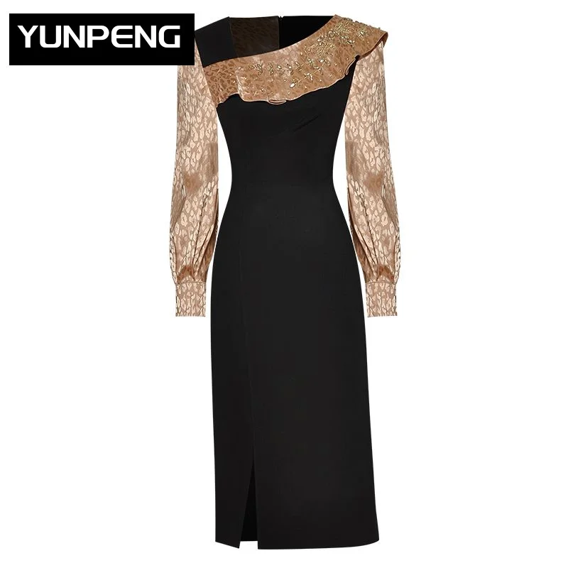 

Женское платье-карандаш с длинным рукавом, асимметричным воротником и стразами