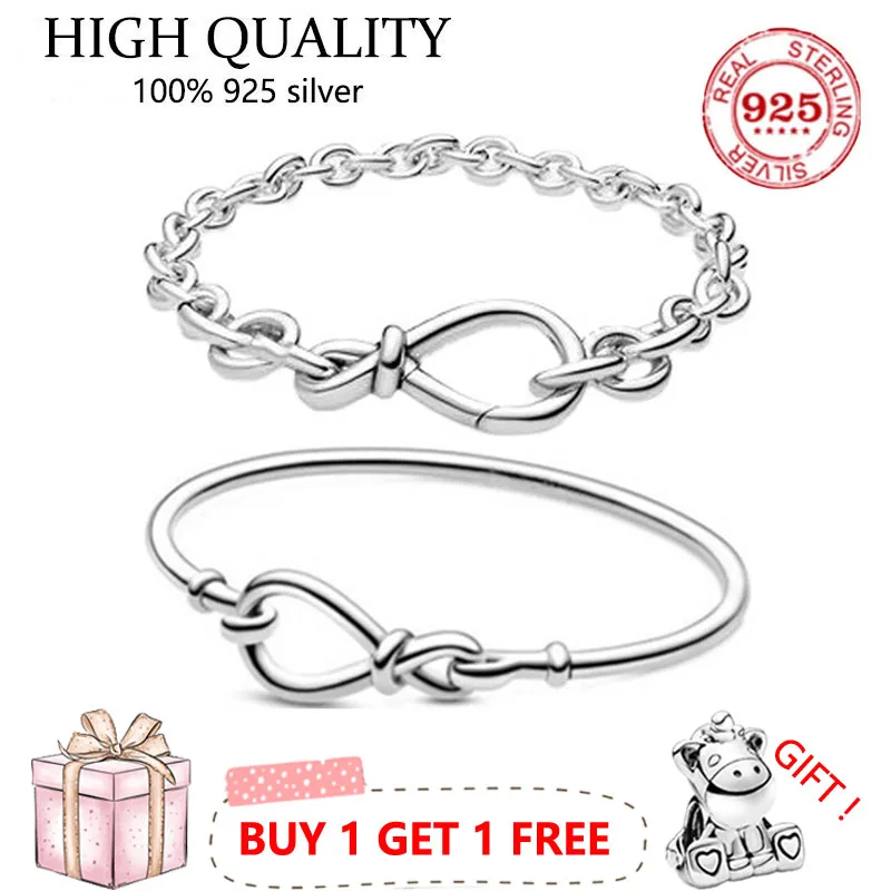 

Authentic S925 Sterling Silver Glittering Eternal Symbol Flower Knot Bracelet Women's Diy Jewelry Original Charm