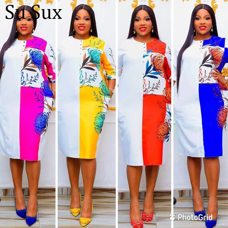 

African Clothes For Women Plus Size African Dress Office Lady Print O Neck Half Sleeve Patchwork Dress Vestidos 2022 Summer