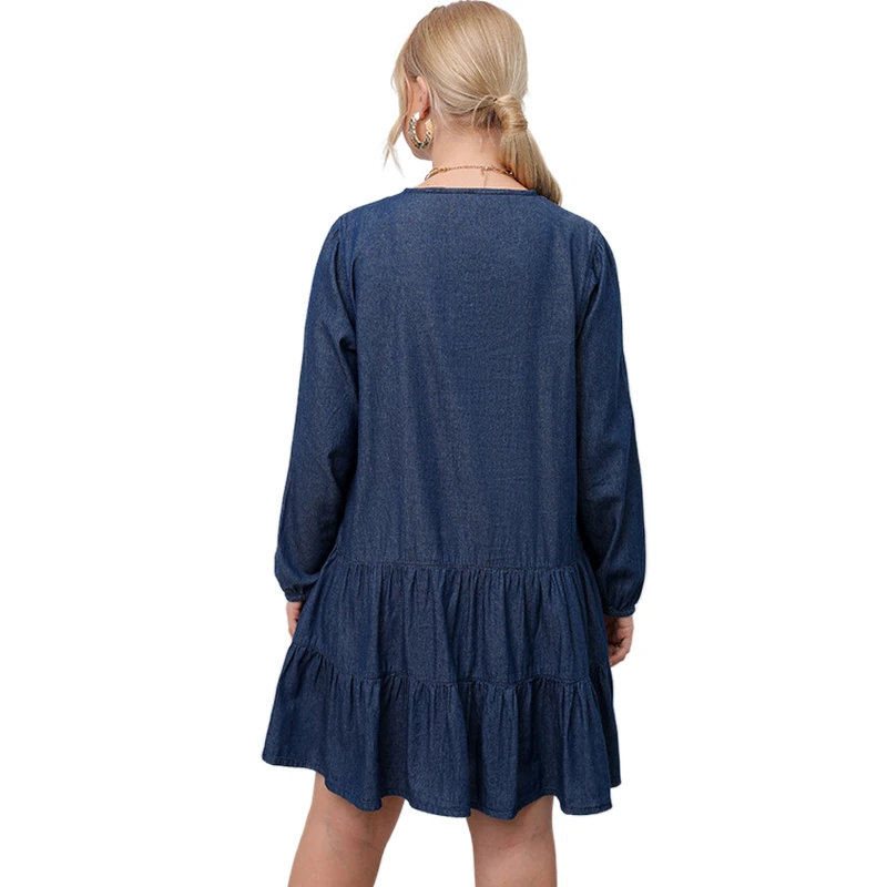 Plus Size Denim Dress Women Sundress 2022 Casual Spring Summer Jeans Dress Ruffle Loose Robe Jean Femme Vestido De Mujer Blue