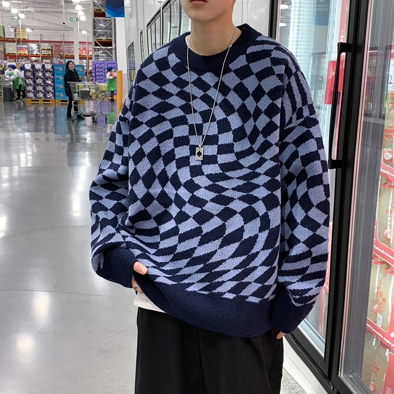 

Men's Sweater Japanese Retro Irregular Plaid 2 Color O Neck Knitted Pullover Loose Young Boy Autumn Winter Streetwear 2022 New