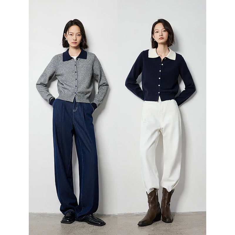 Женский однобортный трикотажный свитер-поло на пуговицах