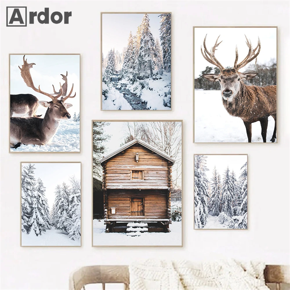 

Winter Snow Tree Canvas Painting Animal Deer Wall Art Poster House Print Pictures Landscape Nordic Posters Living Room Decor