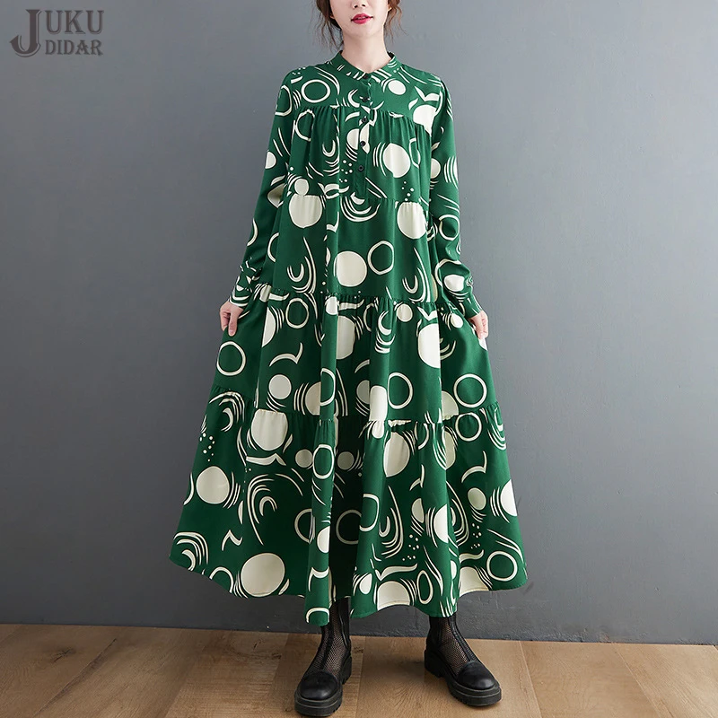 

Женское прямое длинное платье в горошек, повседневное свободное платье большого размера с длинным рукавом, модель JJXD099 на осень, 2022