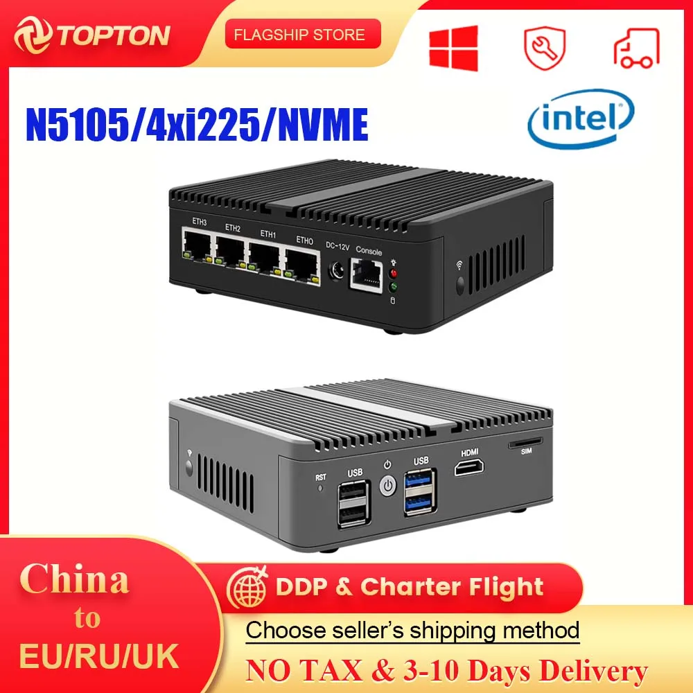 4x Intel i225-V B3 2.5G LAN N5105 pfSense Firewall Router 2xDDR4 NVMe 4xUSB HDMI2.0 OPNsense PVE ESXi Industrial Fanless Mini PC