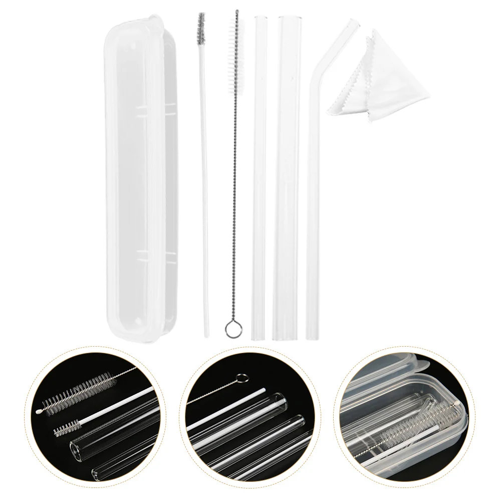 

1 Set Glass Straw with Brushes Storage Box and Wipe Cloth Heat Resistant Glass Straws