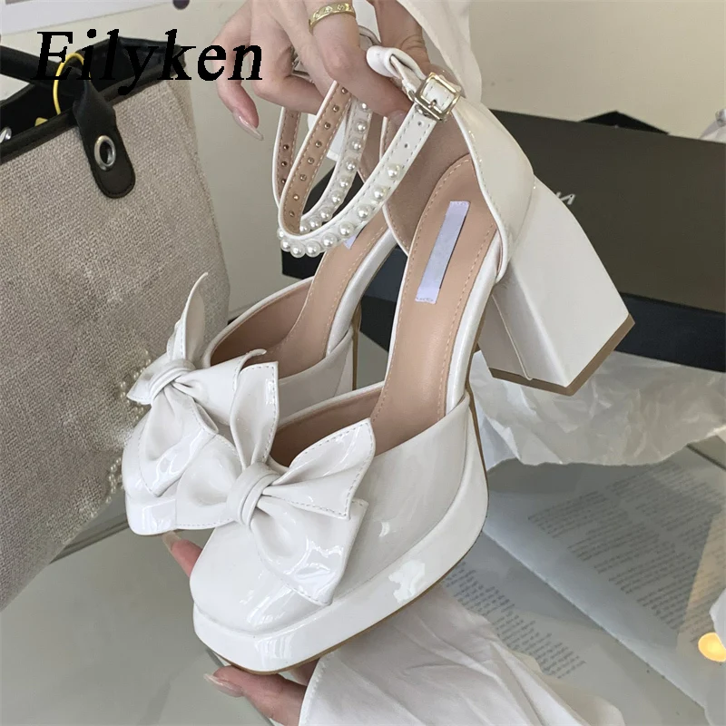 

Eilyken/туфли-лодочки с бантиком-бабочкой; Женские дизайнерские туфли на ремешке с пряжкой и бусинами; Летние босоножки на высоком толстом каблуке