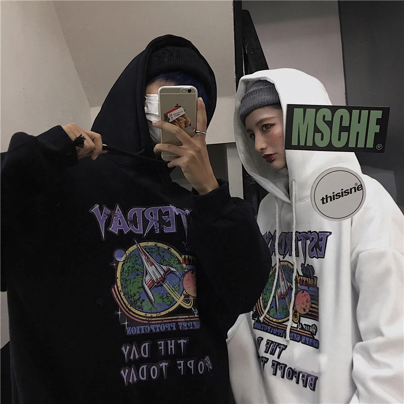 

Fall Couple Graphic Hooded Sweater Unisex High Street Pullover Japanese Streetwear Korean Style Kpop Long Sleeve Top Emo Clothes