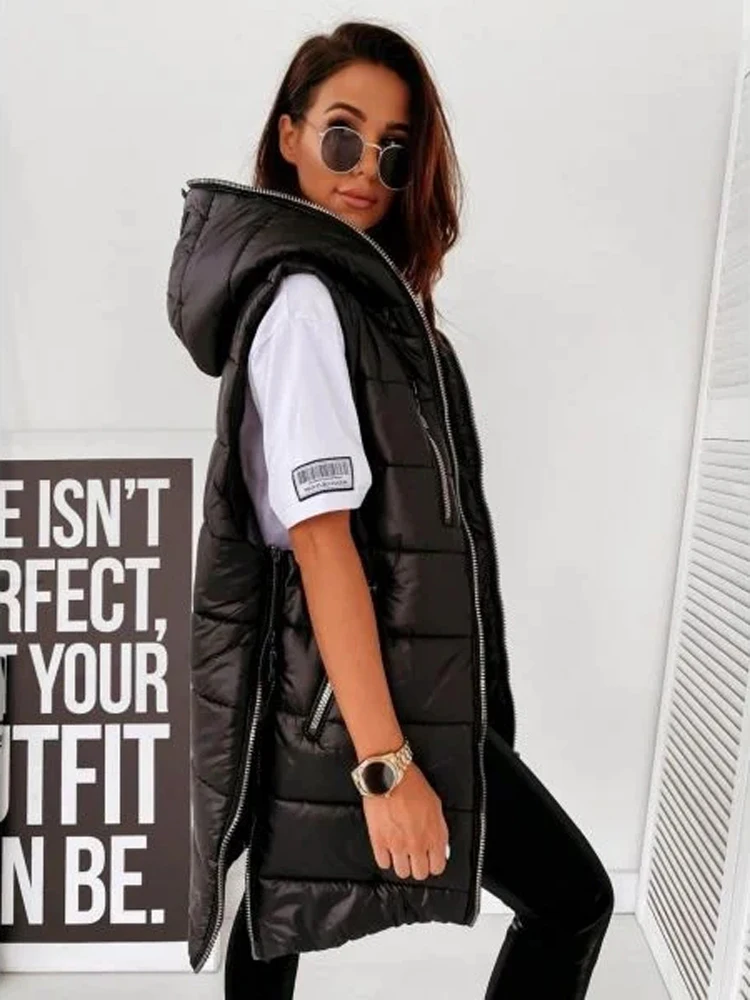 Sleeveless Puffer Jacket Women Hooded Cotton Padded Waistcoat Casual Streetwear Zipper Pocket Jacket Oversize Long Coat Parkas