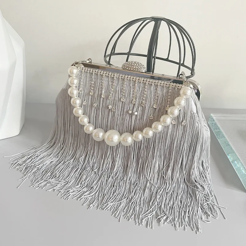 

2023 New Women Tassel Evening Handbags Wedding Pearls Shoulder Bags Banquet Clutch Wallets 2 Colors Drop Shipping