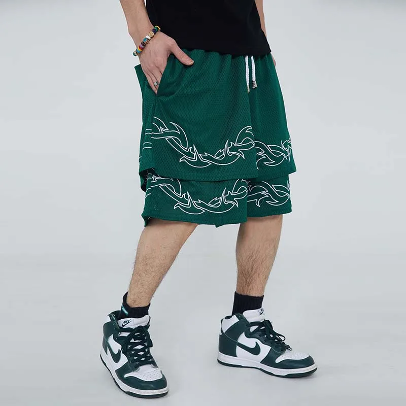 

Summer Mesh Embroidery Casual Breathable Loose Shorts for Men Elastic Waist Wide Leg Streetwear Knee Lenght Pants Oversized