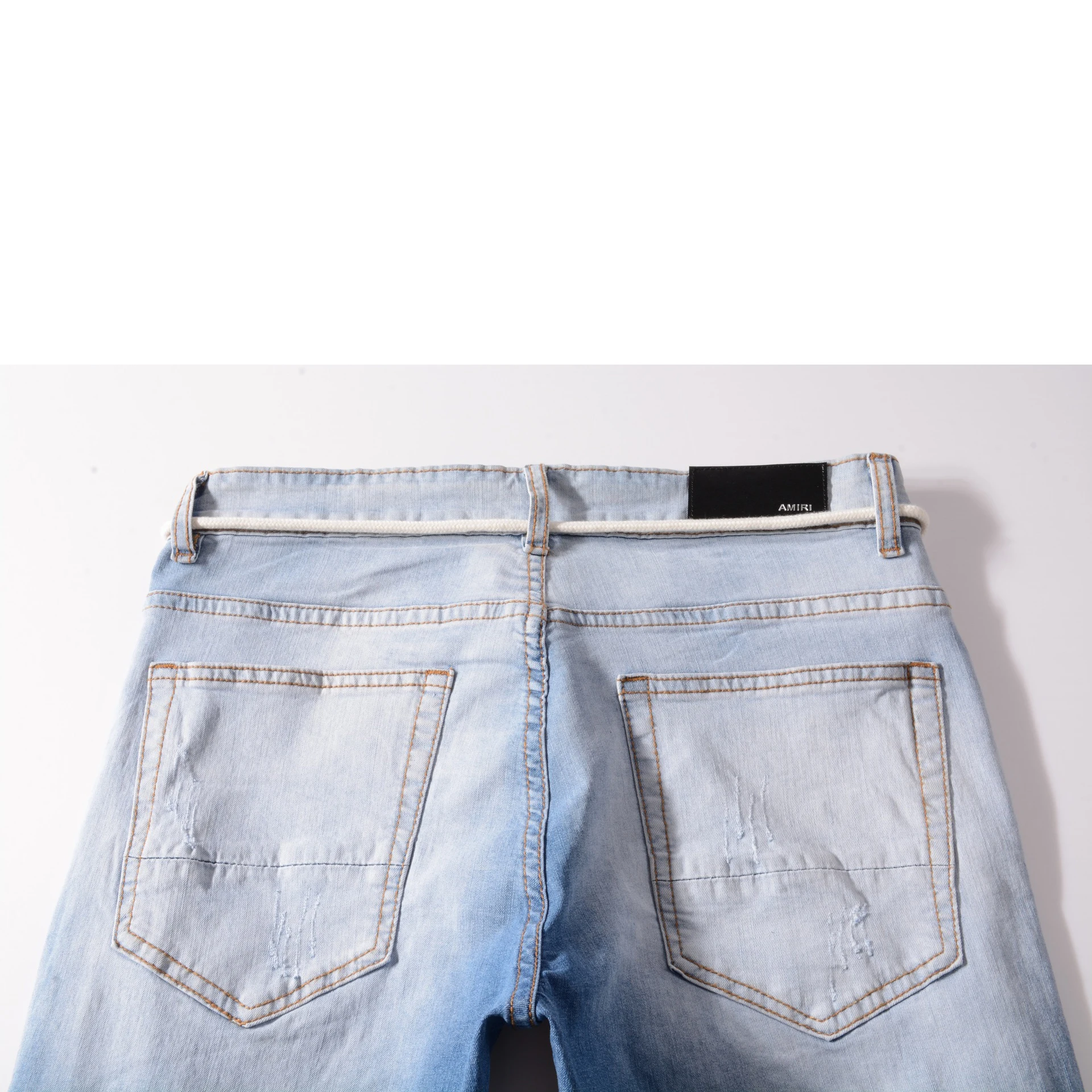 High Street Ripped Jeans Men Fashion Light Blue Knee Hole High Elastic Denim Trousers Destroyed Retro Slim Jeans for Men