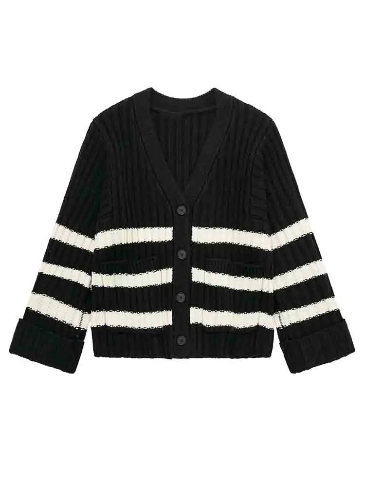 

KLKXMYT TRAF женские кардиганы 2022 зимний модный полосатый вязаный кардиган свитер винтажный с длинным рукавом Повседневный Кардиган Топы