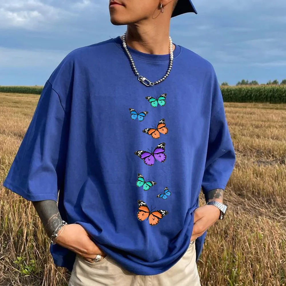 

Men T-shirt Top Color Butterfly Print Short Sleeve Casual Casual Daily Round Neck Loose Hip Hop Spring Summer Pullover T-shirt