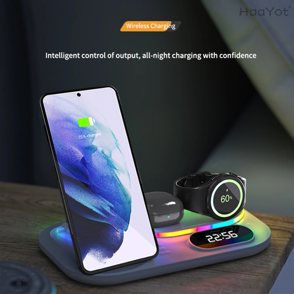 Tanie Wyświetlacz Czasu LED Bezprzewodowa Stacja ładująca 30W 4 W 1 Bezprzewodowa ładowarka Do Samsung Galaxy S22/S21 Flip 3 Zegarek 4/pąki Iphone 13