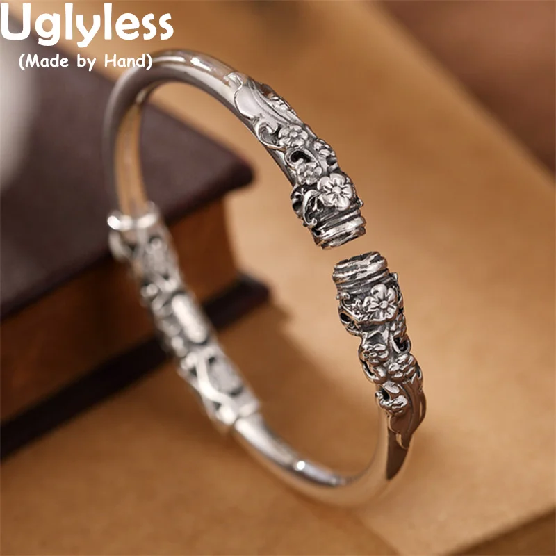 

Uglyless 100% Real 999 Full Silver Bangles for Women Glossy Thai Silver Plum Blossoms Floral Bangles Ethnic Flower Jewelry Retro