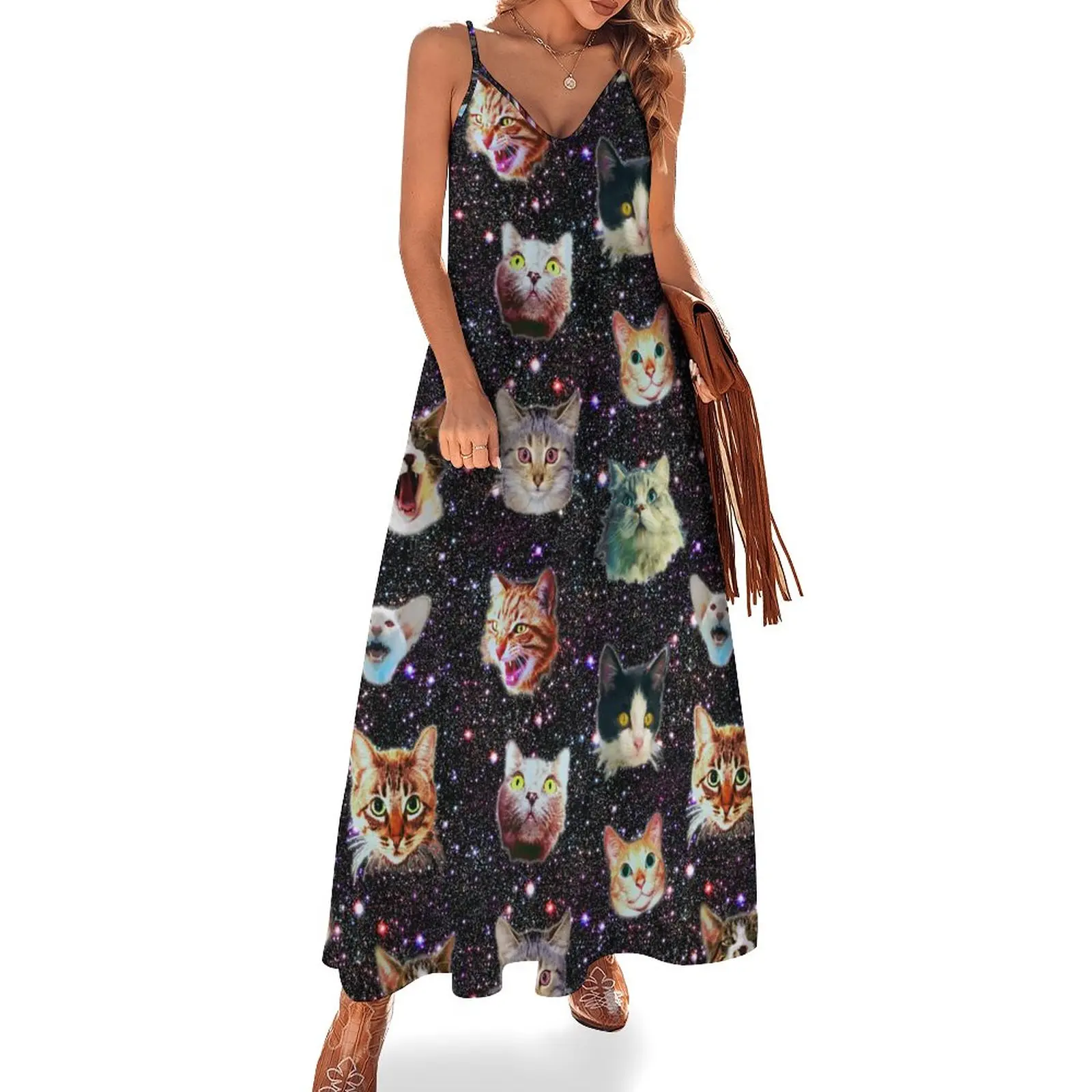 

Cats in Outer Space Dress Funny Galaxy Print Elegant Maxi Dress V Neck Boho Beach Long Dresses Korean Fashion Oversize Vestido