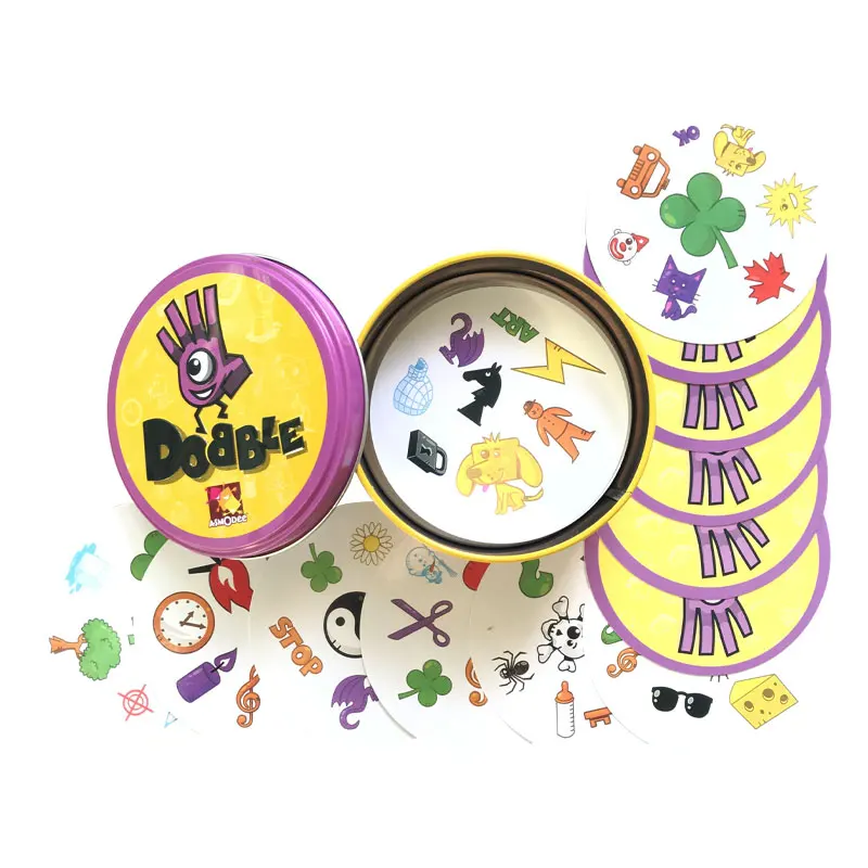 

Hot Sale 30/55pcs Dobble Toy Iron Box Cards Camping Card Sport Fun Family Animals Kids Gift Holidays Basic English Toy