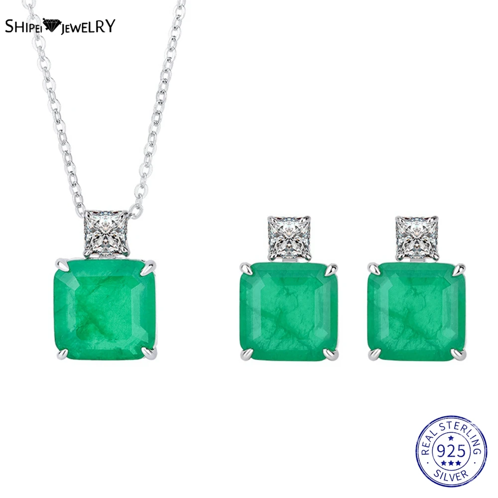 

Shipei 100% 925 Sterling Silver Created Moissanite Emerald Ruby Paraiba Toumaline Gemstone Earrings/Pendant/Necklace Jewelry Set
