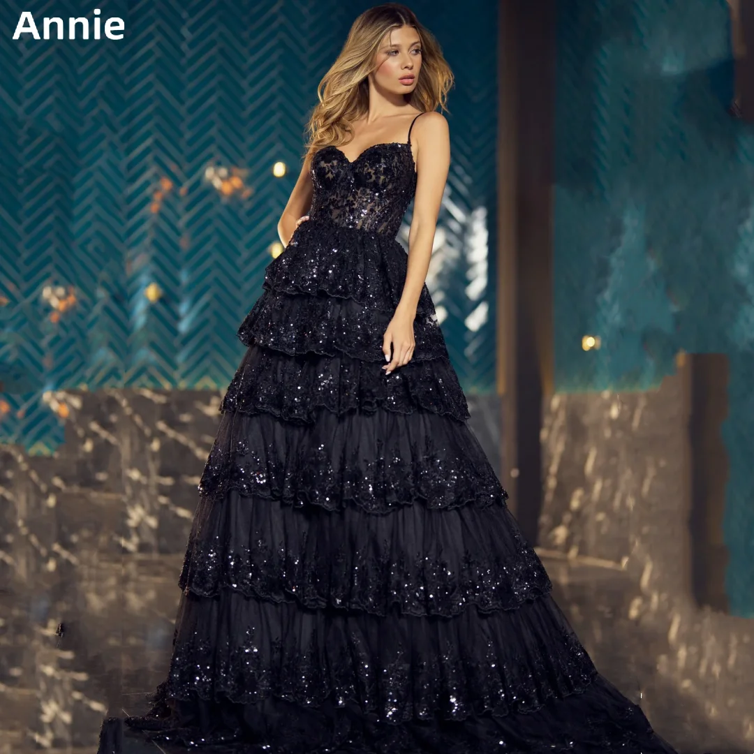 

Annie Embroidery Glitter Prom Dressess V-neck Multi-layer Cocktail Custom Evening Dress Ladies Black Robe فساتين سهره فاخره