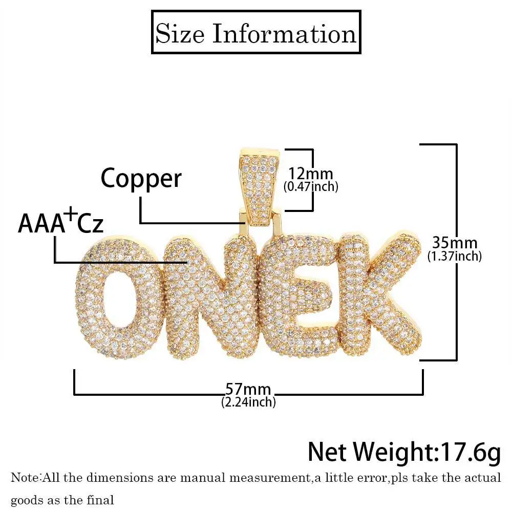 TopBling Hip Hop A-Z Custom Pendant Necklace Charm Bubble Letter 18K Real Gold Plated Jewelry