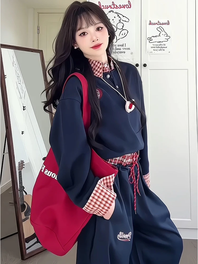 Retro Fried Street Sweatshirt Set Women Autumn Preppy Fake Two-Piece Polo Hoodie Wide-Leg Pants Casual Two-piece