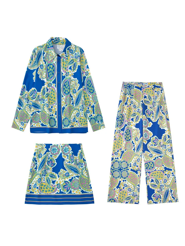 

Женская блузка с принтом, винтажная блузка с длинным рукавом и пуговицами, шикарный комплект из топа и брюк, Новинка лета 2022