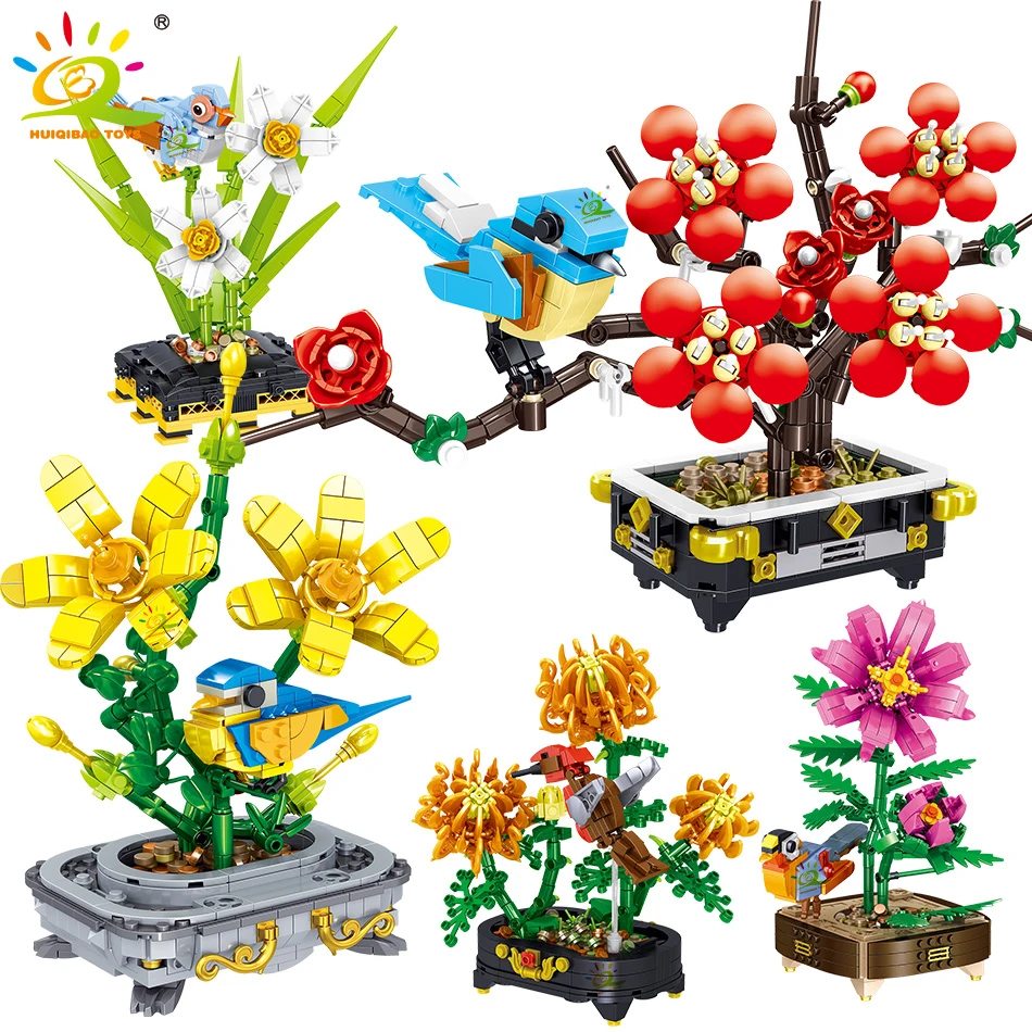 

HUIQIBAO Bonsai Flower Plant Pot Series Building Block MOC Orchid Plum Bouquet DIY Assembly Bricks Toy For Children Home Decor