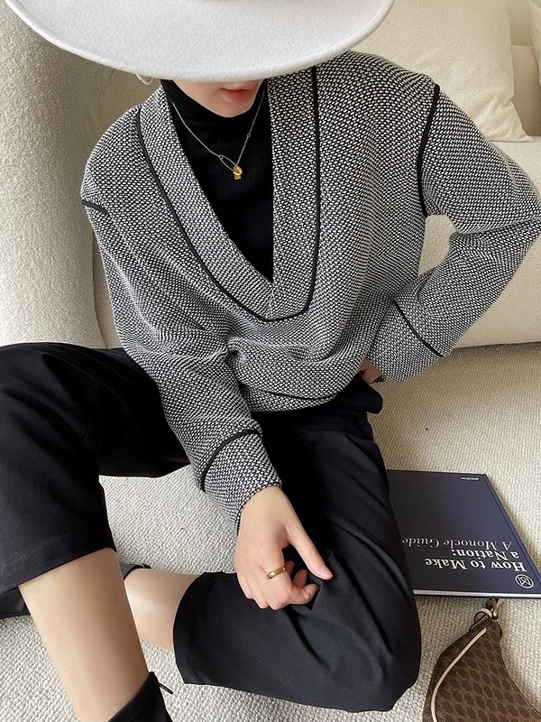 V Neck Sweater Retro Loose Casual Contrast Color Long Sleeve Pullover Sweater 2022 Spring New Womens Sweaters