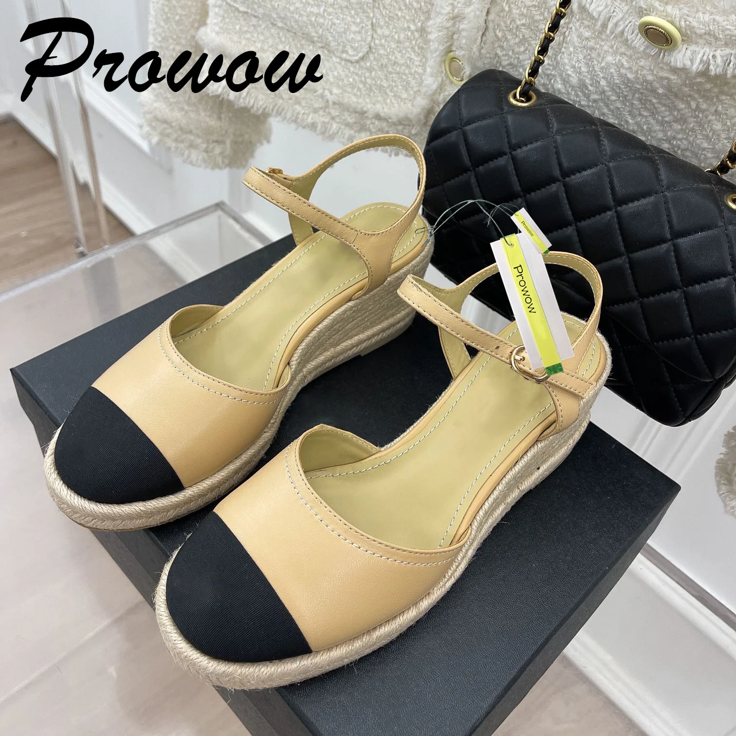 

Prowow New Quality Genuine Leather Black Beige Mary Jane Pumps Ankle Strap HIgh Heels Wedges Sandals Spring Summer Zapatos Mujer