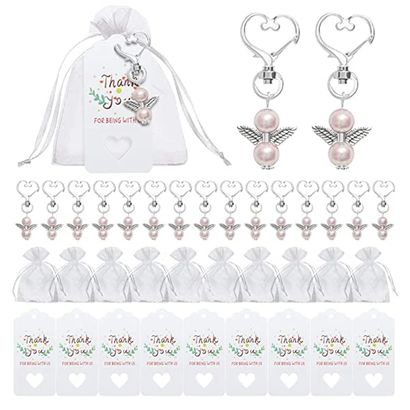 

40 Sets Pearl Angel with Heart-Shape Keychain Wedding Favor Set,Include Angel Pearl Keychains,Organza Gift Bags