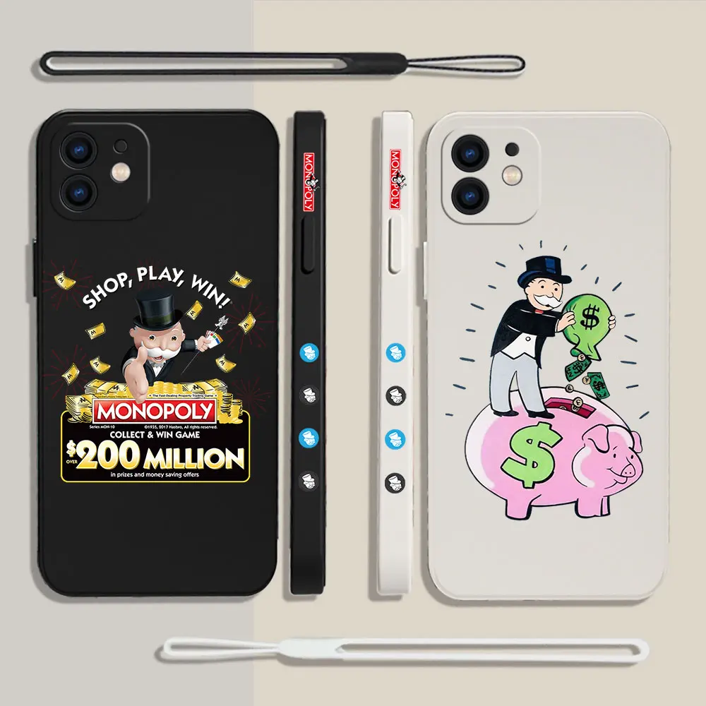 

Cartoon Dollar MonopolyS Phone Case For iPhone 14 13 12 11 Pro Max Mini X XR XS MAX 8 7 Plus 6 6S Silicone Cases with Hand Strap