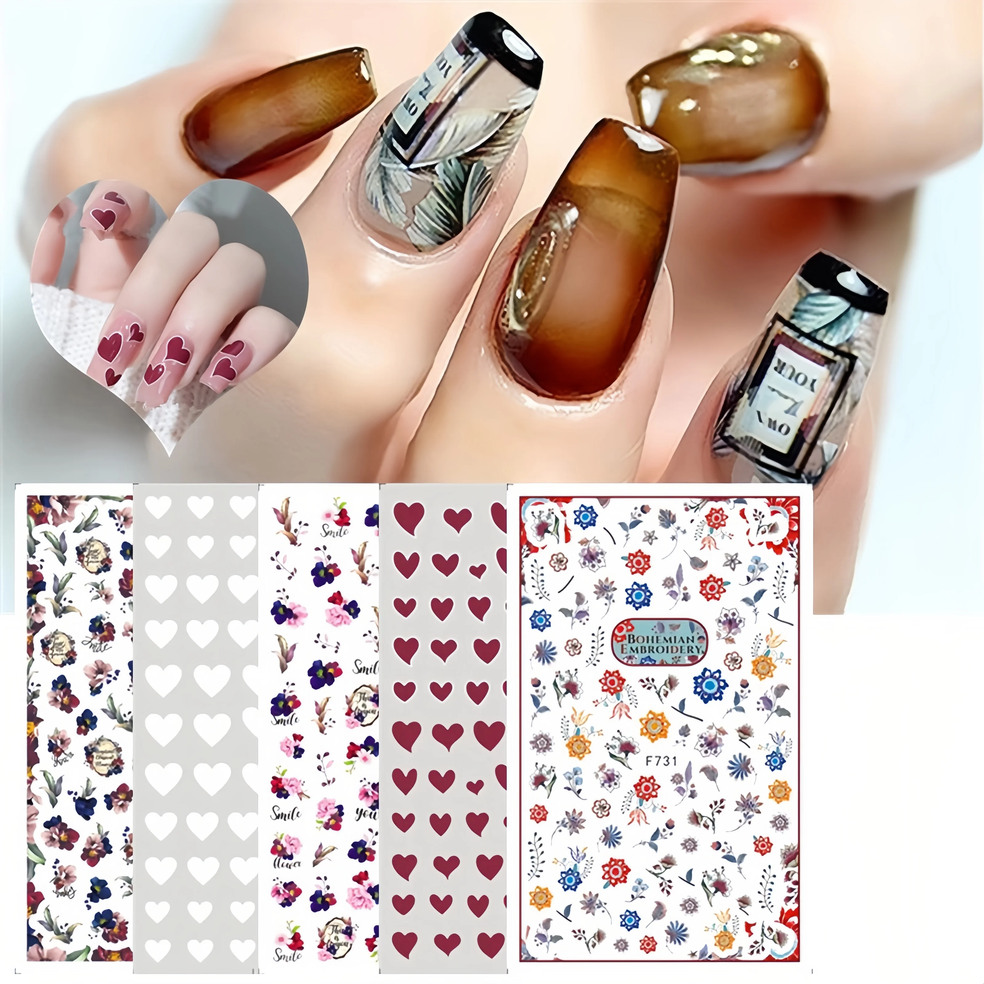 

New Heart Letter Flower Nail Sticker 3D Adhesive Waterproof And Durable Nail Supplies DlY Nail Art Decorations Nails Accesories