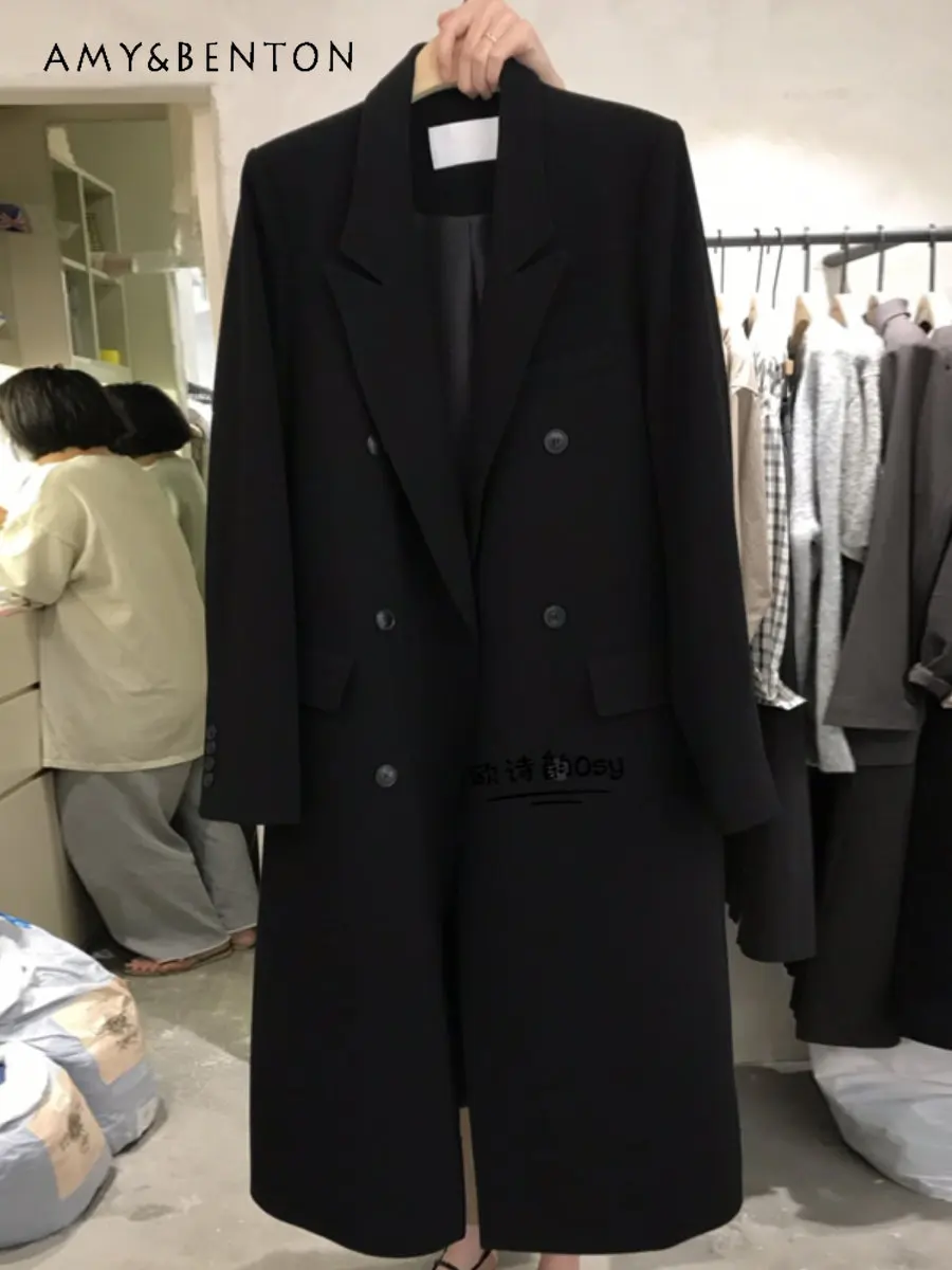 Spring Autumn New Temperament Goddess Style Loose Coat Double Breasted Black Long Below The Knee Suit Jacket for Women