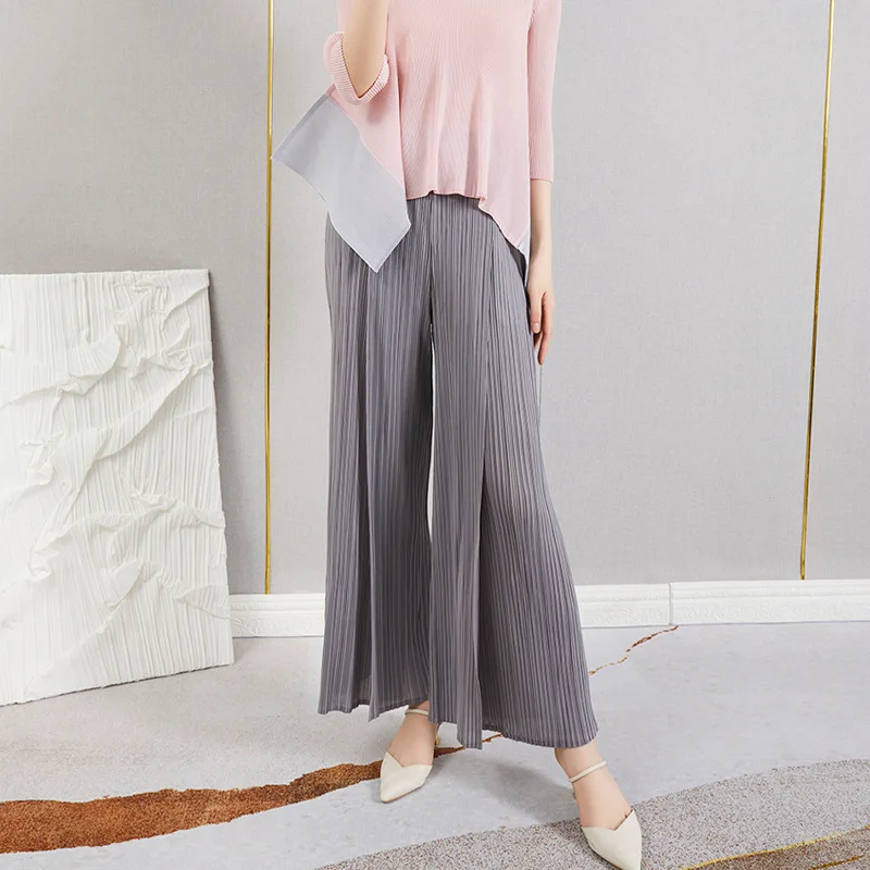 Women's Pants Summer 2022 New Solid Color Stretch Loose High Waist Split Miyake Pleated Wide Leg Trousers Full Length Casual