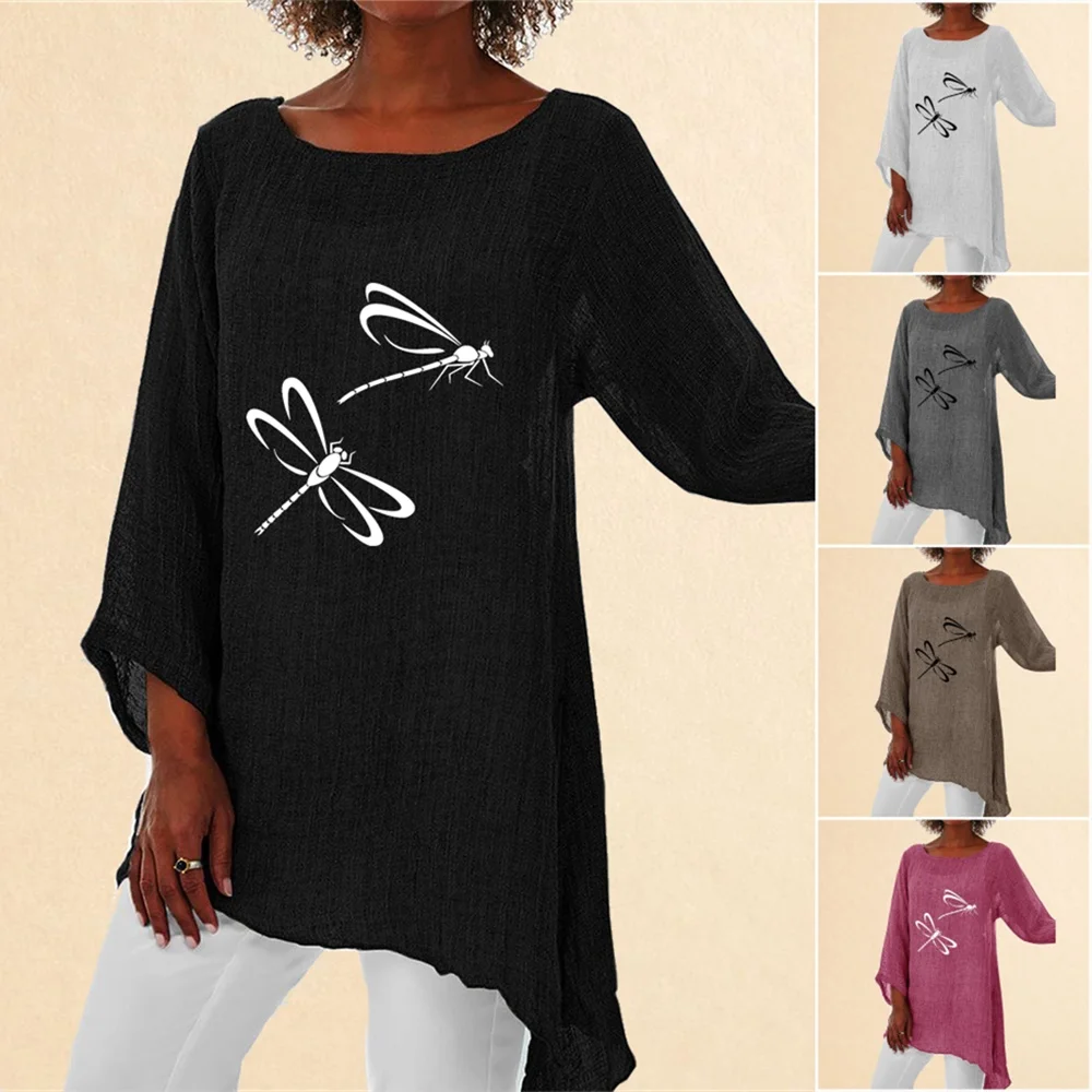 

Women Fashion Round Neck Top Plus Size Long Sleeve Top Spring&autumn Casual T-shirt Dragonfly Print Top Ladies Loose Shirt
