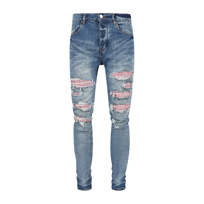 Street Fashion Men Jeans Retro Blue Stretch Skinny Ripped Jeans Button Fly Pink Beading Patched Designer Hip Hop Brand Pants Men