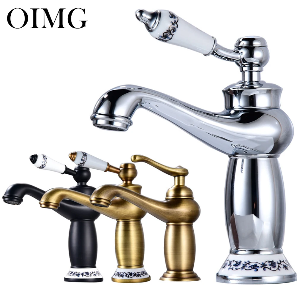

OIMG Bathroom Faucet Antique Brass Finish Chrome Brass Basin Sink Solid Brass Faucets Single Handle Water Mixer Taps Bath Crane
