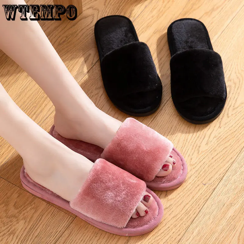 WTEMPO Winter Slippers Women Fashion Fluffy Home Slides Indoor Floor Ladies Solid Colour Plush Warm Cotton Shoes Wholesale