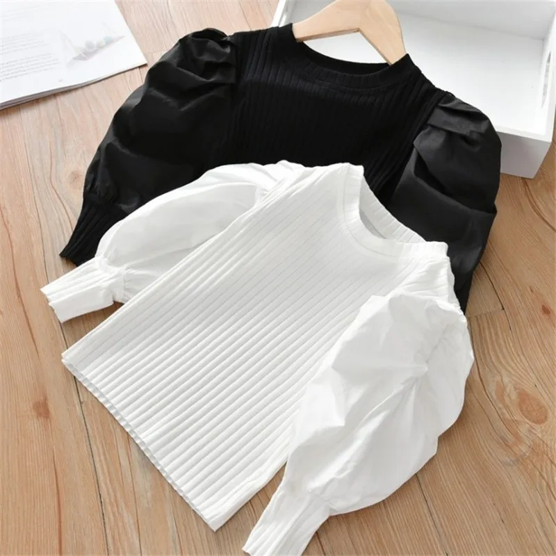 

Girls fashion patchwork puff sleeve blouses 2022 Autumn children long sleeve T shirts 5 colors cotton Tops clothing