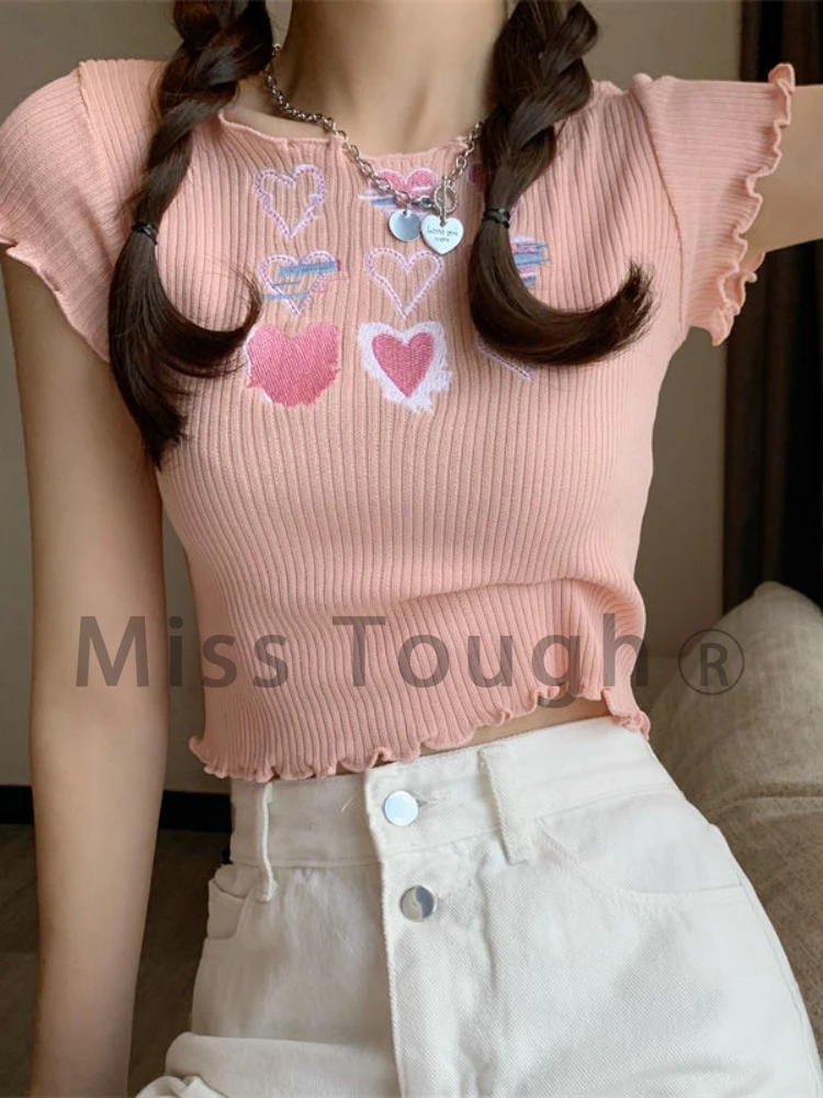 

Summer White Korean Style Crop Tops Women Slim Casual Kawaii Sweet T-Shirts Female Knitted Japanese Cute Fairy Tees Summer 2022