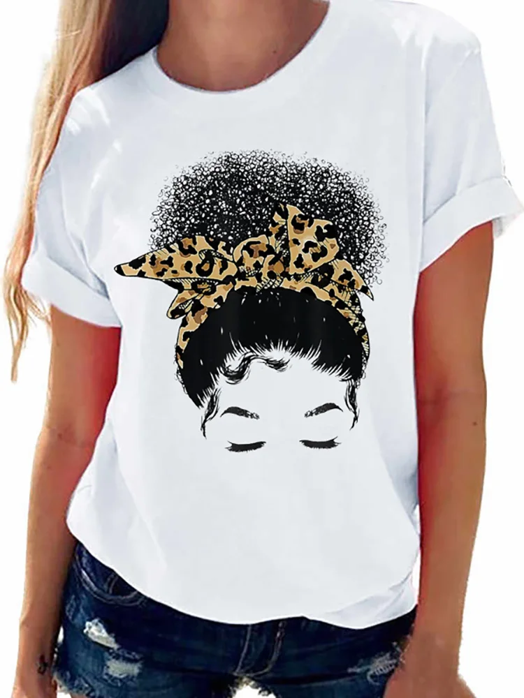 

Women T-shirt Leopard turban Sweet 2022 Short Sleeve Clothes Print MOM mama Tops Fashion O-neck Summer Graphic Lady Tees TShirt