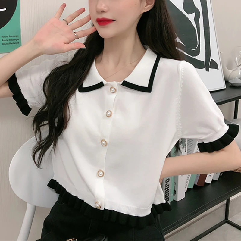 

T Shirts Women Turn-down Collar Patchwork Pearl Short Knitting Tops Female Short Sleeve Ruffles Casual Summer Fashion Tees Femme