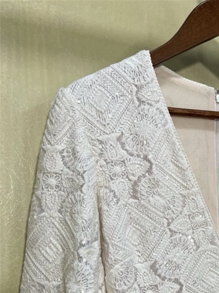 

Women High Waist Embroidered Sequin Crochet Mini Dress Lace Dress Elegant V-Neck Female Spring Summer 2022 Short Robes